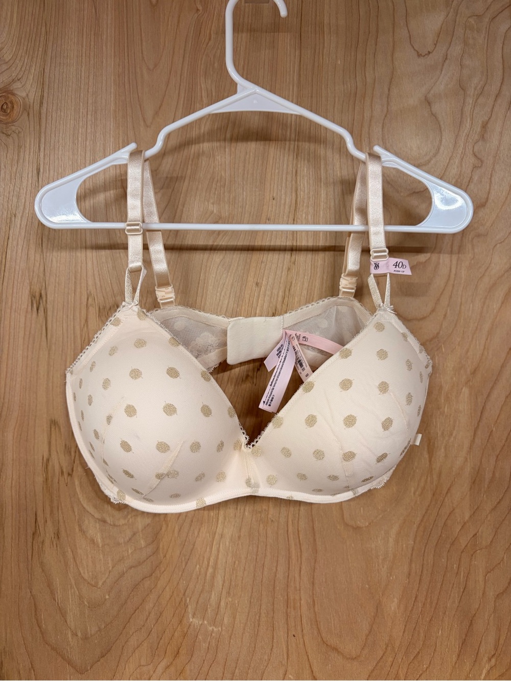 Victoria's Secret Demi Bra Womens 40D Beige Gold Polka Dot Glitter Lace Coquette